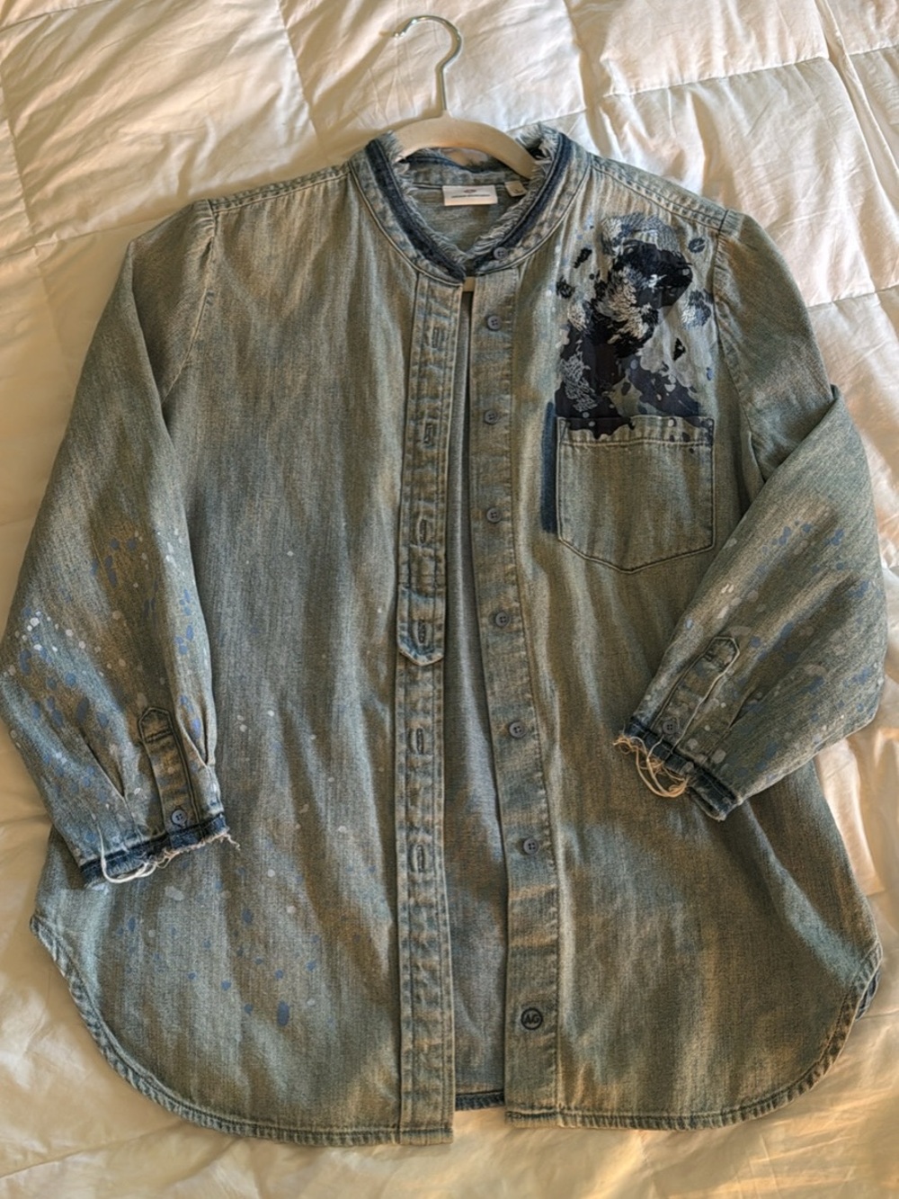 Paint-Splatter Denim Button-Up Shirt Jacket - Blue